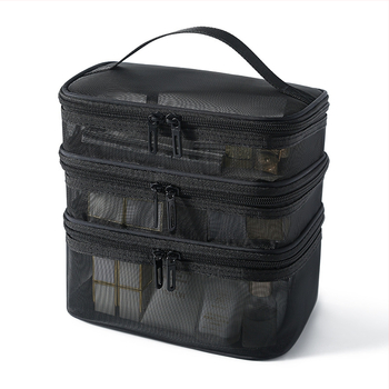 Мрежеста козметична чанта с три слоя, голям капацитет, двойно отделение, преносим органайзер за пътуване, дишащ найлон