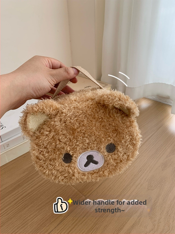 Плюшена чанта за грим с бродиран анимационен дизайн на мечка, портативен пътуващ несесер, подплата полиестер, за жени