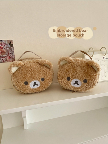 Плюшена чанта за грим с бродиран анимационен дизайн на мечка, портативен пътуващ несесер, подплата полиестер, за жени