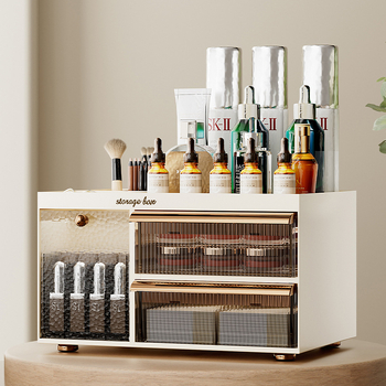 Savarankiškai sukurta kosmetikos laikymo dėžutė, stalinis kosmetikos organizatorius, PET+ABS medžiaga, logotipo spauda, pritaikymas galimas, šviesus prabangos stilius