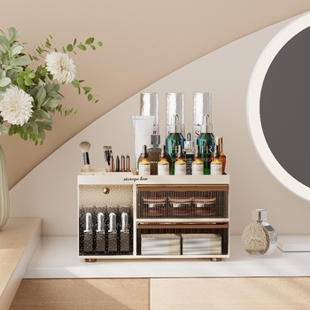 Savarankiškai sukurta kosmetikos laikymo dėžutė, stalinis kosmetikos organizatorius, PET+ABS medžiaga, logotipo spauda, pritaikymas galimas, šviesus prabangos stilius