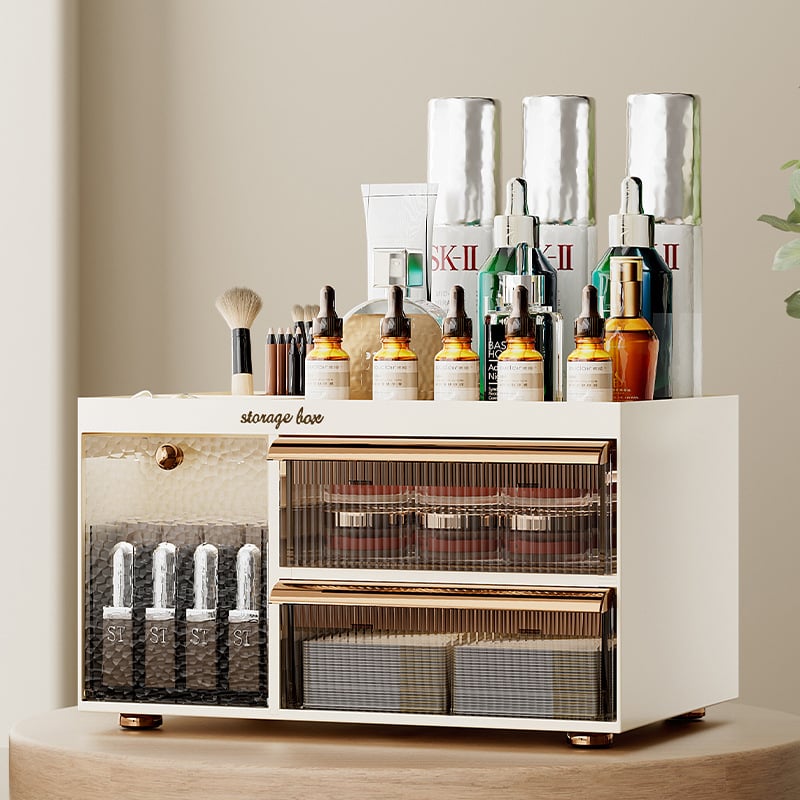 Savarankiškai sukurta kosmetikos laikymo dėžutė, stalinis kosmetikos organizatorius, PET+ABS medžiaga, logotipo spauda, pritaikymas galimas, šviesus prabangos stilius