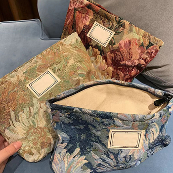 Vintažinė kosmetinė rankinė Ins stiliaus Monet Garden spauda, medvilnė, horizontalus kvadratinis formos, užtrauktukas, tridimensinė išorinė rankinė, vidinis ID kišenė