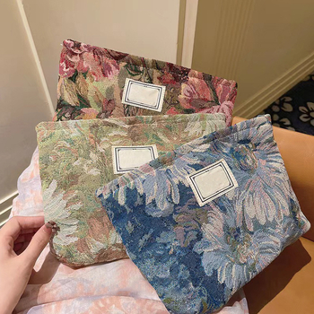 Vintažinė kosmetinė rankinė Ins stiliaus Monet Garden spauda, medvilnė, horizontalus kvadratinis formos, užtrauktukas, tridimensinė išorinė rankinė, vidinis ID kišenė