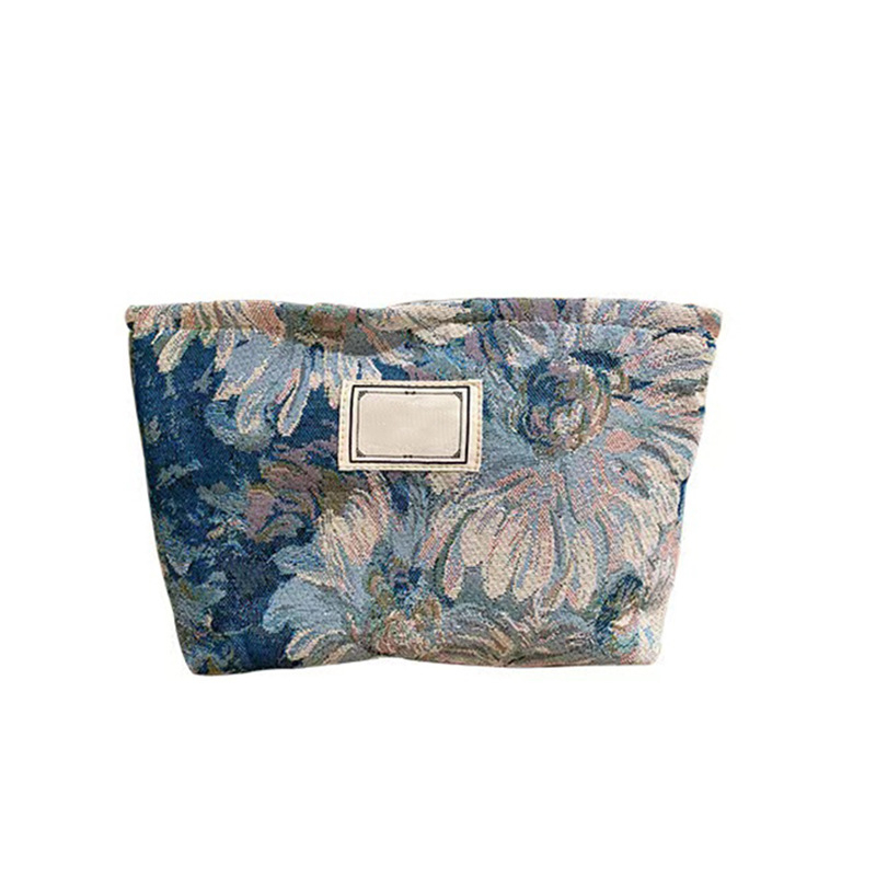 Vintažinė kosmetinė rankinė Ins stiliaus Monet Garden spauda, medvilnė, horizontalus kvadratinis formos, užtrauktukas, tridimensinė išorinė rankinė, vidinis ID kišenė