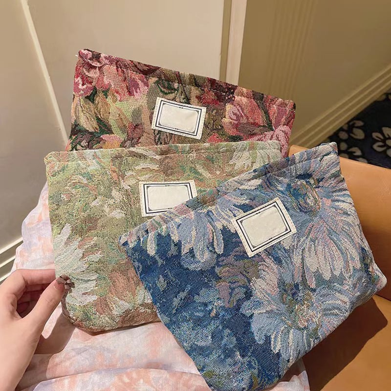 Vintažinė kosmetinė rankinė Ins stiliaus Monet Garden spauda, medvilnė, horizontalus kvadratinis formos, užtrauktukas, tridimensinė išorinė rankinė, vidinis ID kišenė