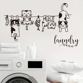 Διακοσμητικό αυτοκόλλητο τοίχου: Καρτούν γάτα σε γραμμή κρεμαστών ρούχων, αυτοκόλλητο PVC, 55 g, σαλόνι/υπνοδωμάτιο/είσοδος BR0323E