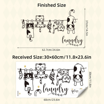 Διακοσμητικό αυτοκόλλητο τοίχου: Καρτούν γάτα σε γραμμή κρεμαστών ρούχων, αυτοκόλλητο PVC, 55 g, σαλόνι/υπνοδωμάτιο/είσοδος BR0323E