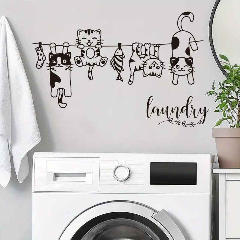 Autocolant decorativ de perete: Pisicuță desen animat pe sfoară de haine, PVC autoadeziv, 55 g, living/dormitor/hol BR0323E