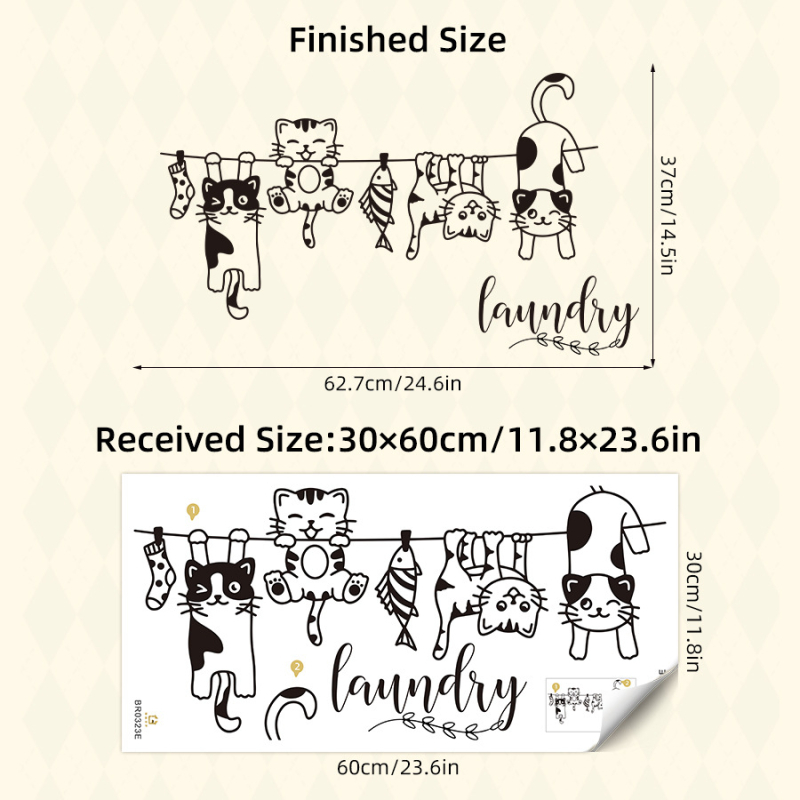 Autocolant decorativ de perete: Pisicuță desen animat pe sfoară de haine, PVC autoadeziv, 55 g, living/dormitor/hol BR0323E