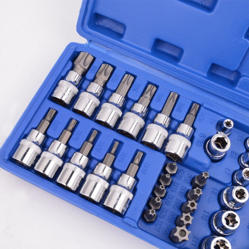 34-dijelni set Torx zvjezdasti utičnici E4–E20 i T10–T60, krom-vanadijska čeli, za popravak strojeva