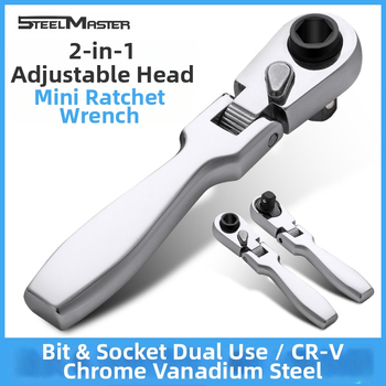 Mini ratcheto veržlė su judančia galva, dvipusis dizainas, iš chromovanadžio plieno, chromuotas paviršius, svoris 0.08 kg, dvipusė veikla