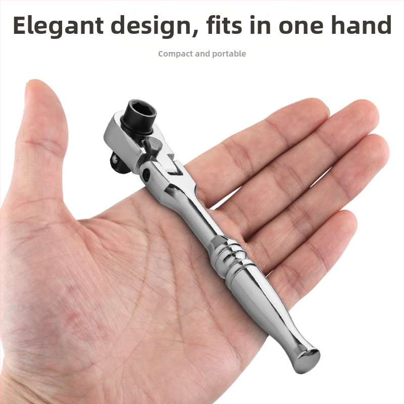 Мини гаечен ключ с трещотка, подвижна глава и двупосочно въртене; изработен от хром-ванадиева стомана, хромирано покритие, тегло 0.08 кг