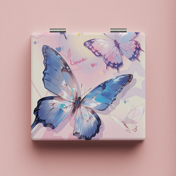 Sklopiva ogledalica za šminku, motiv leptira, prijenosna, dvostrana, okvir PU/PS/PVC, srebrno ogledalo