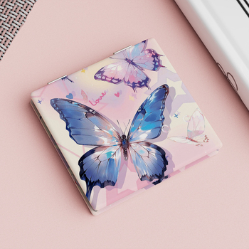 Сгъваемо огледало за грим, мотив пеперуда, преносимо ръчно и двустранно, рамка PU/PS/PVC, сребърно огледало