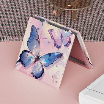 Сгъваемо огледало за грим, мотив пеперуда, преносимо ръчно и двустранно, рамка PU/PS/PVC, сребърно огледало