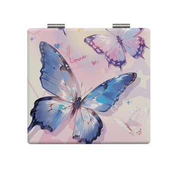 Сгъваемо огледало за грим, мотив пеперуда, преносимо ръчно и двустранно, рамка PU/PS/PVC, сребърно огледало