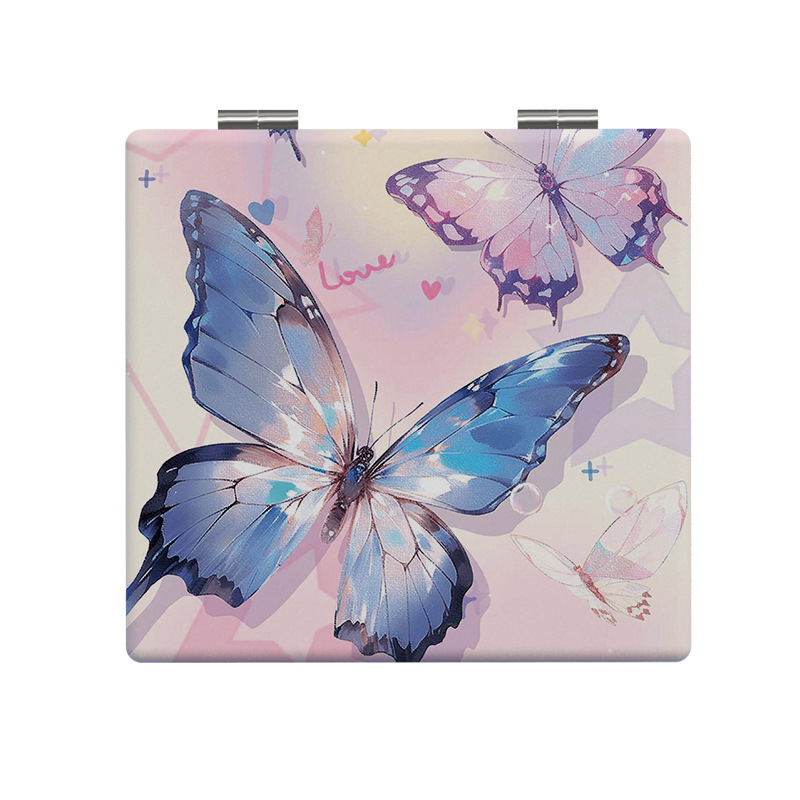 Sklopiva ogledalica za šminku, motiv leptira, prijenosna, dvostrana, okvir PU/PS/PVC, srebrno ogledalo