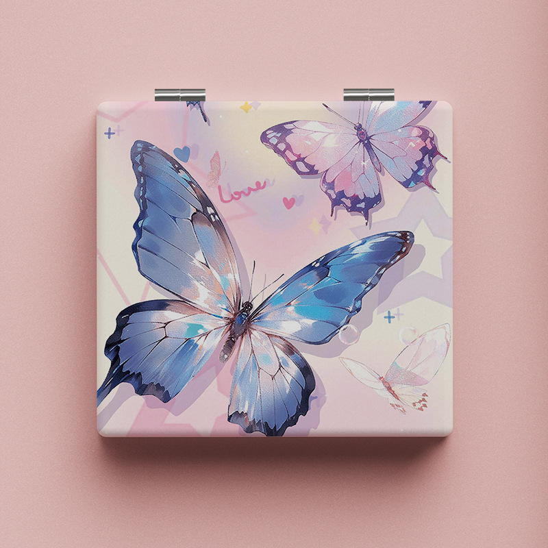 Sklopiva ogledalica za šminku, motiv leptira, prijenosna, dvostrana, okvir PU/PS/PVC, srebrno ogledalo