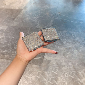 Mini nešiojamas makiažo veidrodėlis, sulankstomas, dvipusis HD, rankinis, su deimantų akcentais