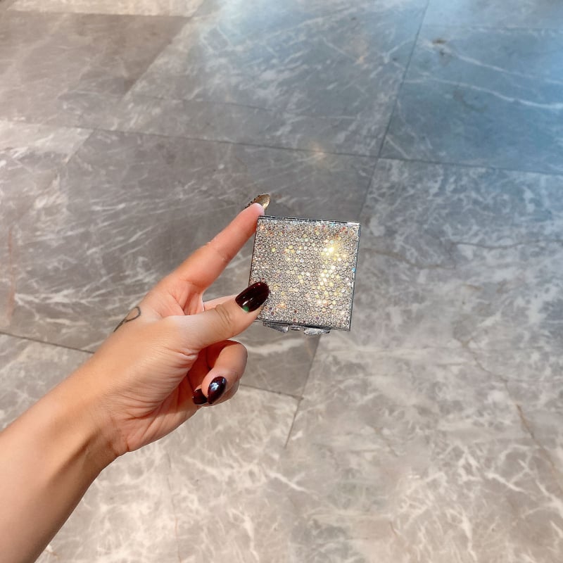 Mini nešiojamas makiažo veidrodėlis, sulankstomas, dvipusis HD, rankinis, su deimantų akcentais