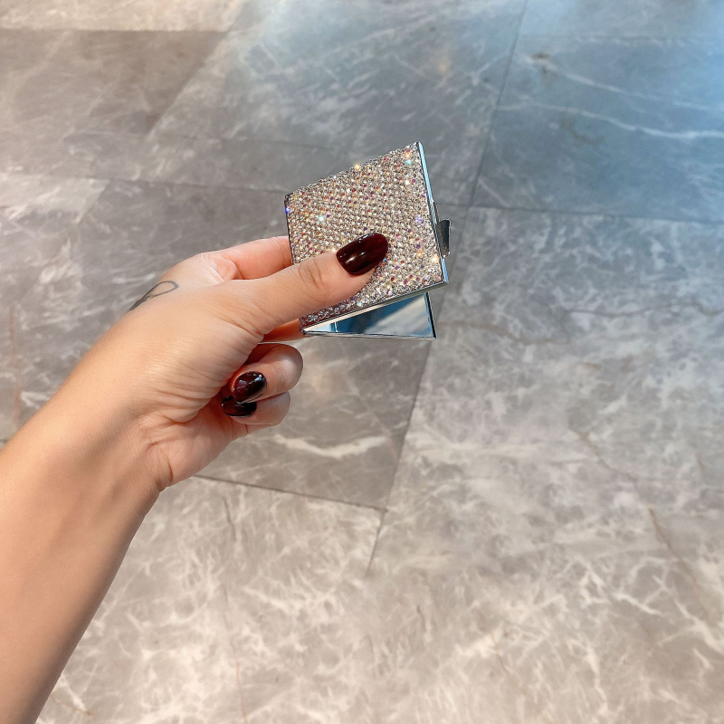 Mini nešiojamas makiažo veidrodėlis, sulankstomas, dvipusis HD, rankinis, su deimantų akcentais