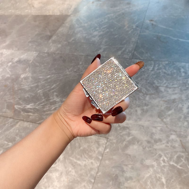 Mini nešiojamas makiažo veidrodėlis, sulankstomas, dvipusis HD, rankinis, su deimantų akcentais