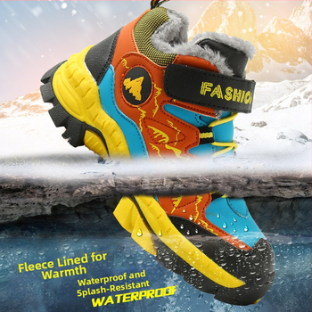 Bērnu ziemas zābaki ar Velcro aizdari, mākslīgās ādas augšdaļa, svītrainais raksts, gumijas zole, biezinātas konstrukcijas