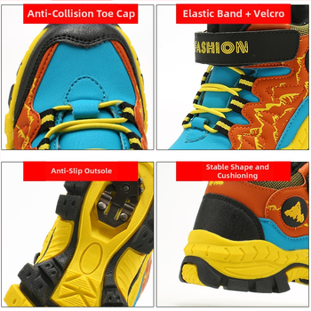 Bērnu ziemas zābaki ar Velcro aizdari, mākslīgās ādas augšdaļa, svītrainais raksts, gumijas zole, biezinātas konstrukcijas