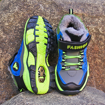 Bērnu ziemas zābaki ar Velcro aizdari, mākslīgās ādas augšdaļa, svītrainais raksts, gumijas zole, biezinātas konstrukcijas