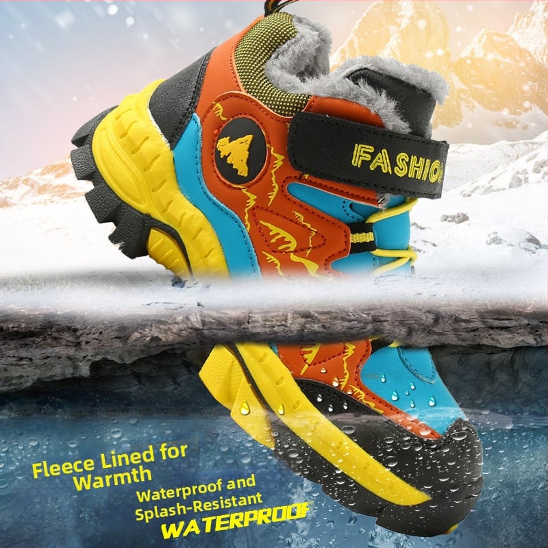 Bērnu ziemas zābaki ar Velcro aizdari, mākslīgās ādas augšdaļa, svītrainais raksts, gumijas zole, biezinātas konstrukcijas