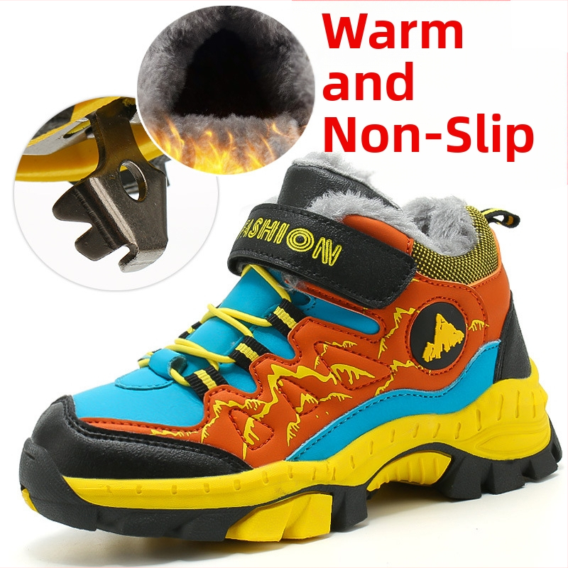 Bērnu ziemas zābaki ar Velcro aizdari, mākslīgās ādas augšdaļa, svītrainais raksts, gumijas zole, biezinātas konstrukcijas