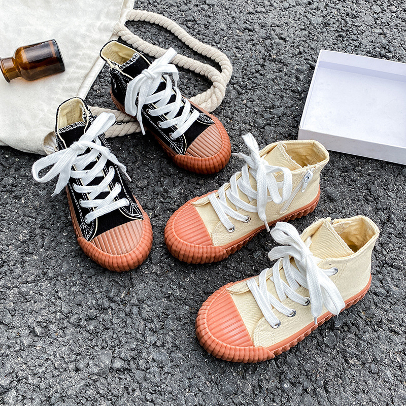 Vaikų drobiniai bateliai su šonine užtrauktuke – guminė pada, drobinė viršutinė dalis, anti-slydimo, kasdienis Korėjos stilius