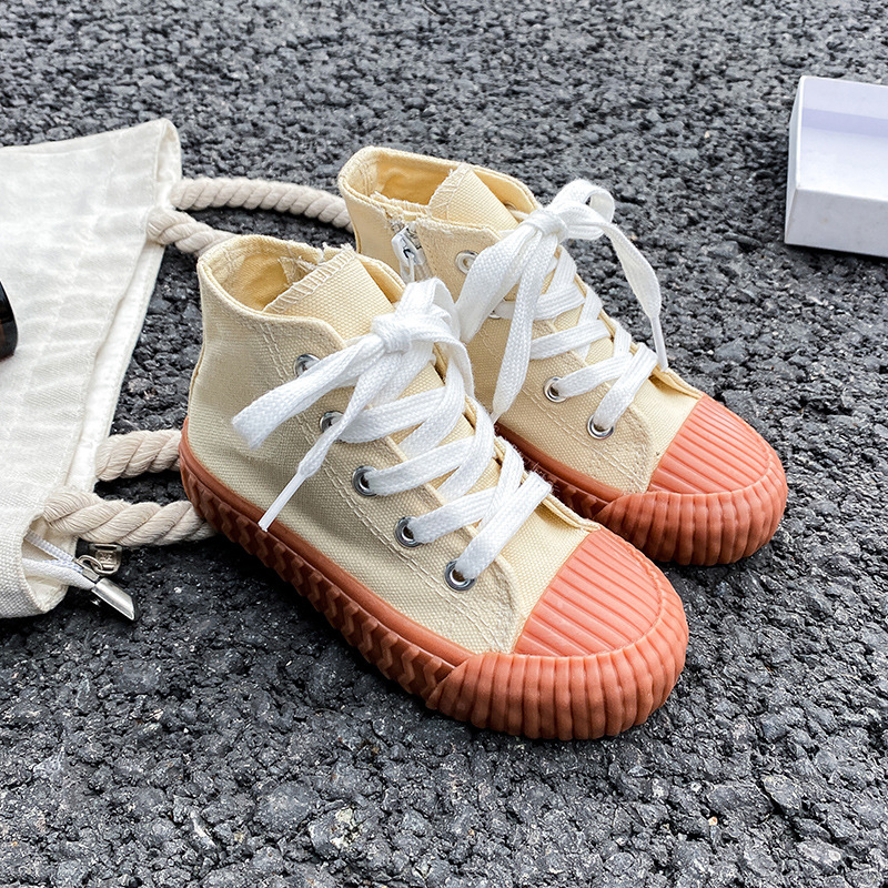 Vaikų drobiniai bateliai su šonine užtrauktuke – guminė pada, drobinė viršutinė dalis, anti-slydimo, kasdienis Korėjos stilius