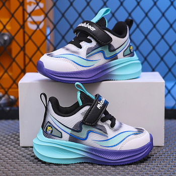 Παιδικά αθλητικά παπούτσια με δίχτυ – αναπνεόντα, ελαφρά, αντιολισθητικά, ανθεκτικά (Άνω μέρος: συνθετικό δέρμα + δίχτυ; Σόλα: MD; Κλείσιμο: Velcro; Σχέδιο: ρίγες)