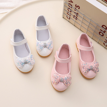 Balerini pentru fete cu funda – stil prințesă, partea superioară PU, branț PU, talpă din cauciuc, potriviți pentru primăvară-toamnă, copii 4–12 ani