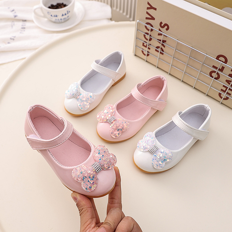 Balerini pentru fete cu funda – stil prințesă, partea superioară PU, branț PU, talpă din cauciuc, potriviți pentru primăvară-toamnă, copii 4–12 ani