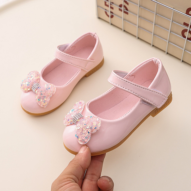 Balerini pentru fete cu funda – stil prințesă, partea superioară PU, branț PU, talpă din cauciuc, potriviți pentru primăvară-toamnă, copii 4–12 ani