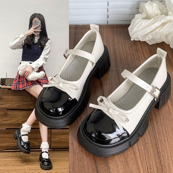 Mary Jane loaferiai iš PU odos su kaspinu, 3–5 cm kulnas, gumos padas, žemas viršus, pavasaris 2025