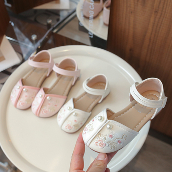 Mergaitėms skirti sandalai su mikropluošto viršutine dalimi, PU vidpadis ir įdėklas, Velcro užtrauktukas, gumos padas, Hanfu įkvėptas vasaros stilius 5–7 metų amžiaus
