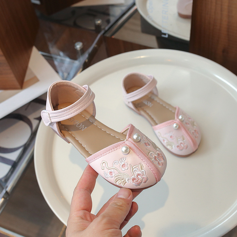 Mergaitėms skirti sandalai su mikropluošto viršutine dalimi, PU vidpadis ir įdėklas, Velcro užtrauktukas, gumos padas, Hanfu įkvėptas vasaros stilius 5–7 metų amžiaus