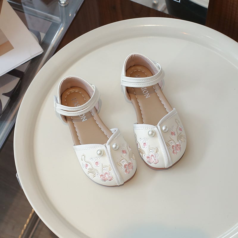 Mergaitėms skirti sandalai su mikropluošto viršutine dalimi, PU vidpadis ir įdėklas, Velcro užtrauktukas, gumos padas, Hanfu įkvėptas vasaros stilius 5–7 metų amžiaus