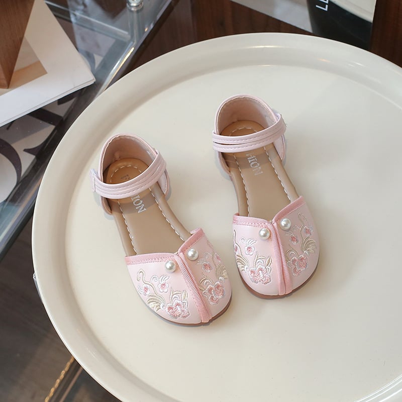 Mergaitėms skirti sandalai su mikropluošto viršutine dalimi, PU vidpadis ir įdėklas, Velcro užtrauktukas, gumos padas, Hanfu įkvėptas vasaros stilius 5–7 metų amžiaus