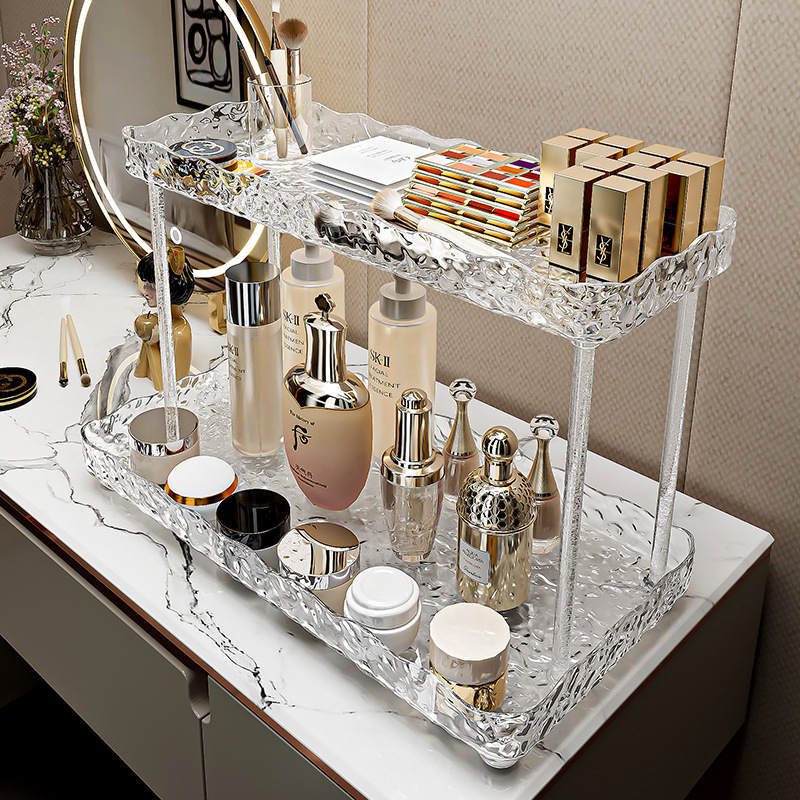 Asztali tárolópolc, könnyed luxus stílusú víz-hullámmintával, két szintű, műanyag, többfunkciós és mozgatható, telepítés nélkül