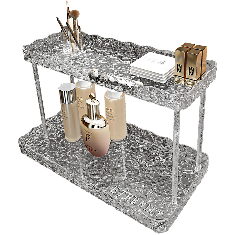 Asztali tárolópolc, könnyed luxus stílusú víz-hullámmintával, két szintű, műanyag, többfunkciós és mozgatható, telepítés nélkül