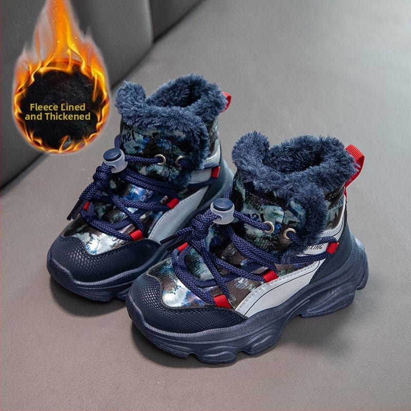 Bērnu ziemas kalnu kurpes ar vilnas oderi, bieza siltināšana, augšējā daļa no sintētiskās ādas, aizdare ar Velcro, gumijas zole