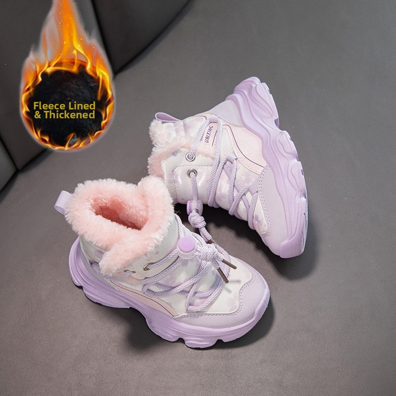 Bērnu ziemas kalnu kurpes ar vilnas oderi, bieza siltināšana, augšējā daļa no sintētiskās ādas, aizdare ar Velcro, gumijas zole