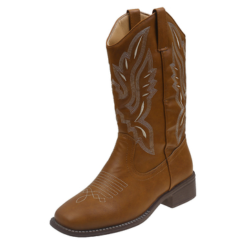 Γυναικεία μποτάκια δυτικού στυλ με κέντημα, μεσαίου ύψους γάμπας, τετράγωνη μύτη, χοντρό τακούνι, PU επάνω μέρος και επένδυση