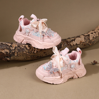 Παπούτσια για κορίτσια σε στυλ αθλητικά, άνοιξη-φθινοπωρο, με επάνω από τεχνητή δέρμα, ελαφριά και αντιολισθητική σόλα, Velcro κλείσιμο, παγιέτες με σχέδιο πεταλούδα, για παιδιά 1–6 ετών