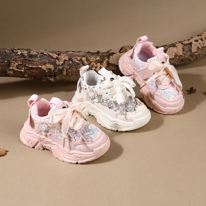 Adidași sport pentru fete, primăvară-toamnă, din piele artificială, talpă ușoară anti-derapantă, închidere Velcro, paiete cu imprimeu fluture, pentru copii 1–6 ani